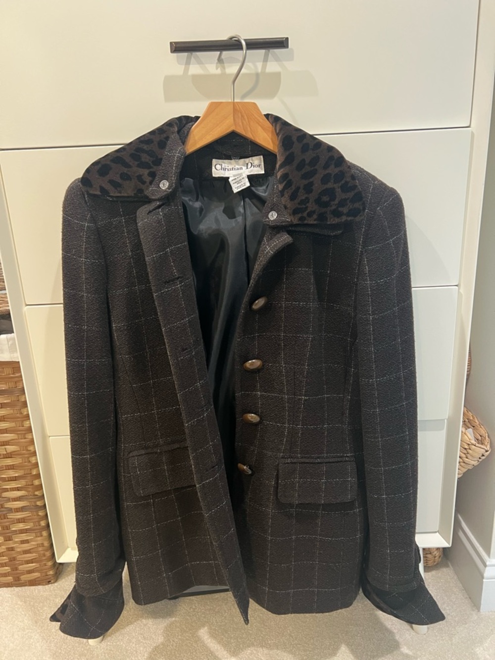 Dior Black Wool Coat with Leopard-Print Collar